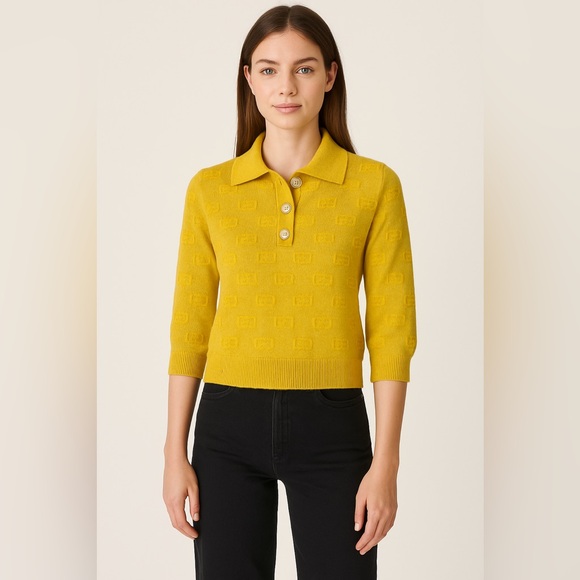 Gucci Yellow Metallic Wool Jacquard Collared Logo Polo - Picture 1 of 11